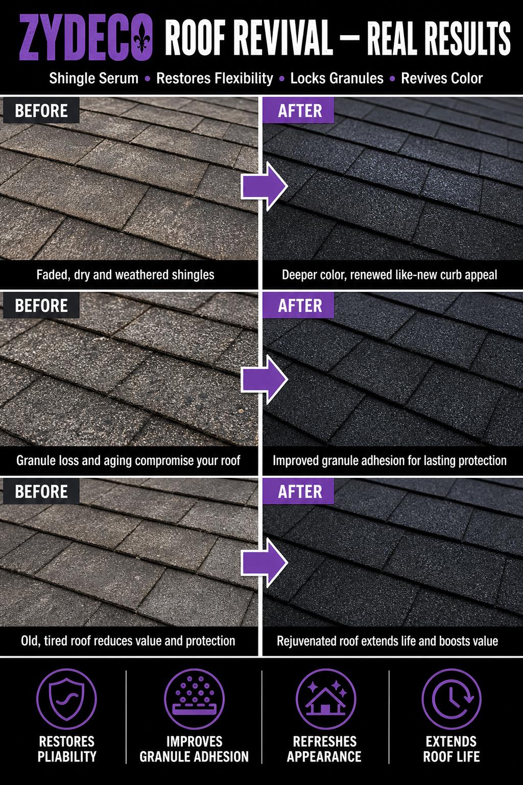 Before and after comparison of asphalt shingles treated with Shingle Serum