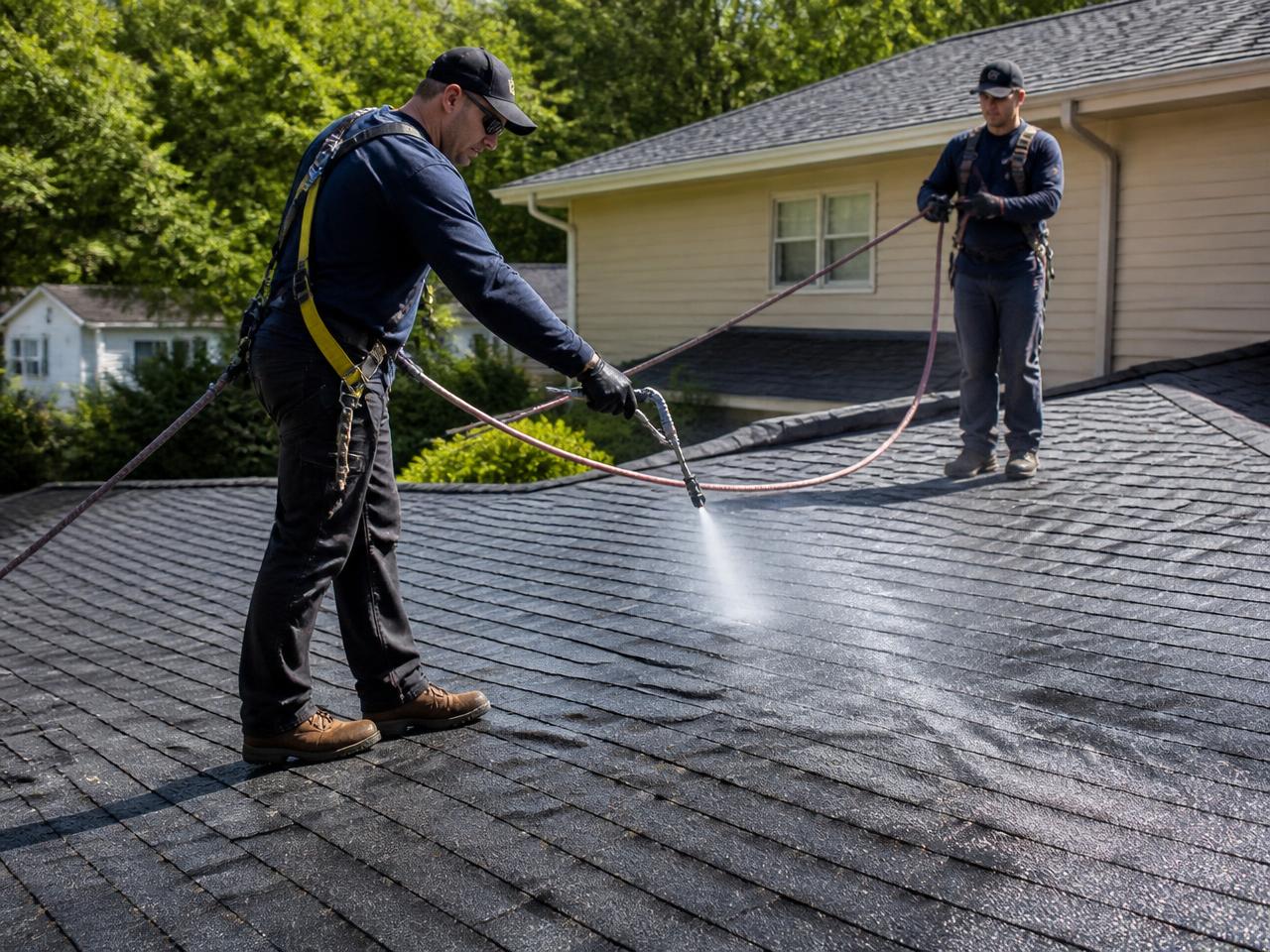 Technician spraying Shingle Serum onto asphalt shingles