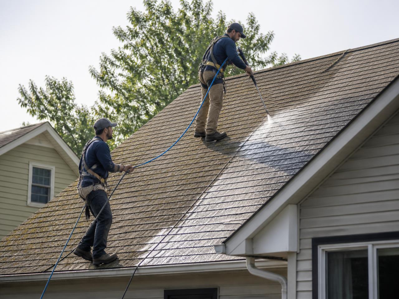 Crew soft-washing a residential shingle roof before treatment