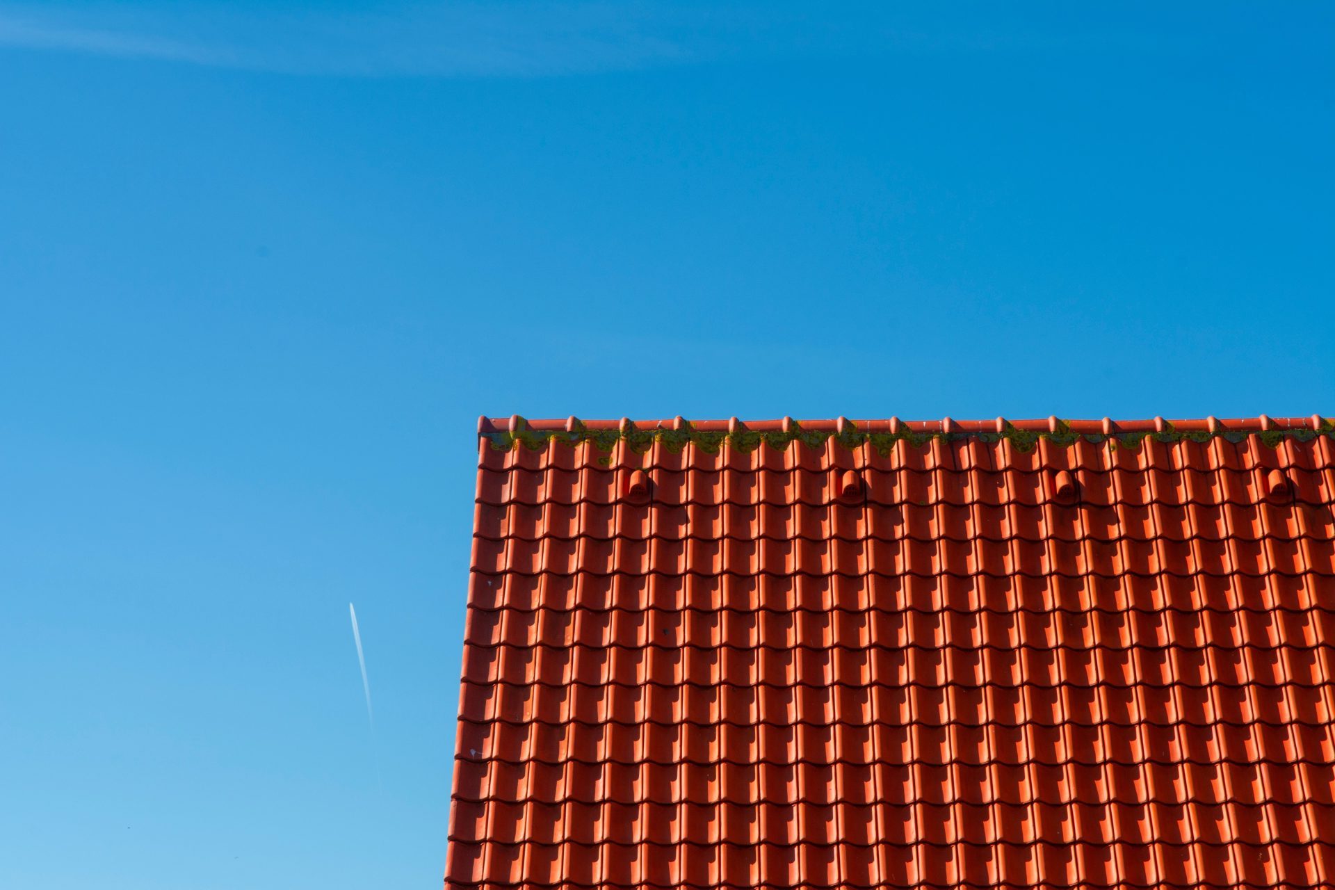 Minimalist photo of a red tiled rooftop contrasting against a clear blue sky.